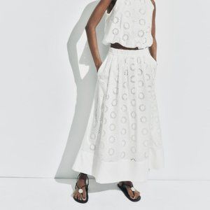 Zara Embroidered Eyelet Midi Skirt White Sz M,  XL